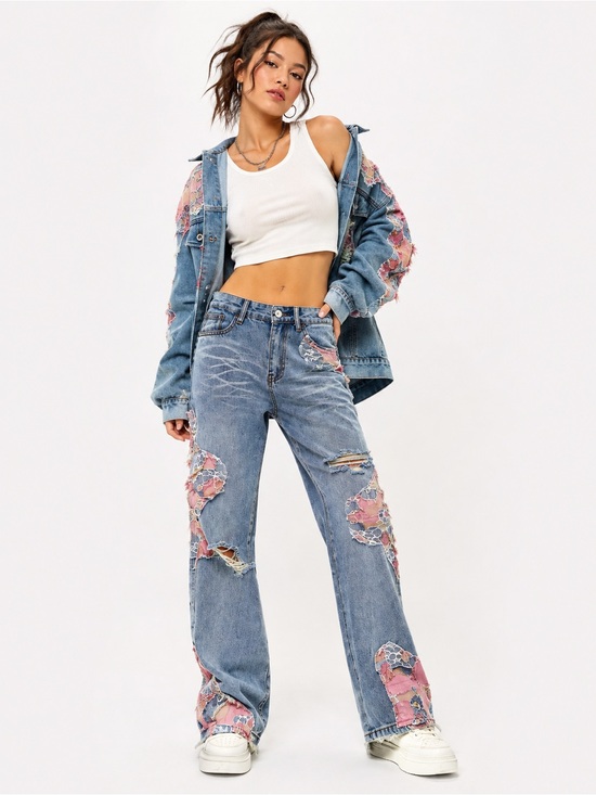 Aelfric Eden Denim - Aelfric Eden Distressed Lace Patchwork Baggy Wide Leg Jeans Size 29 NWT